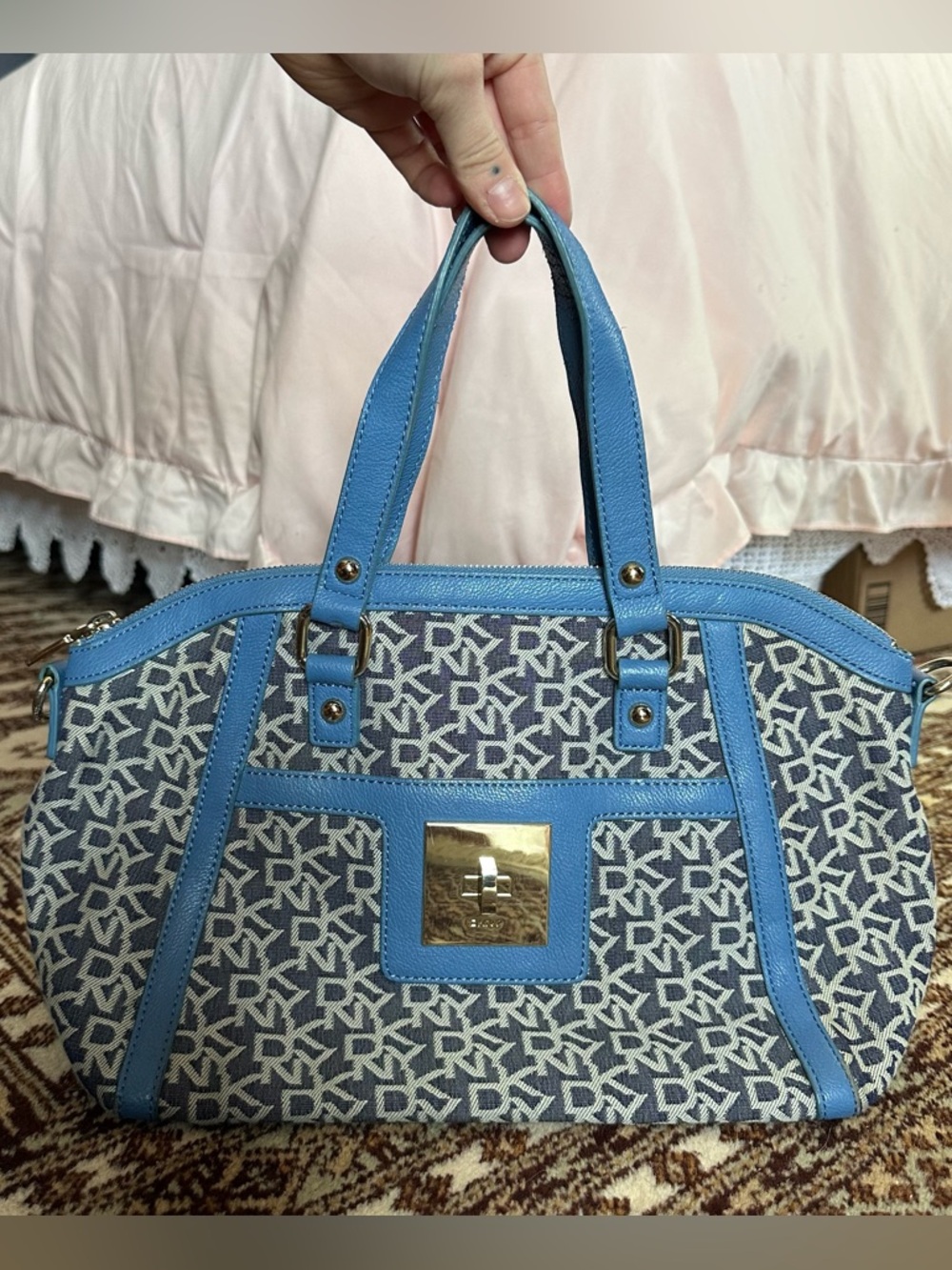 DKNY Blue and White Monogram Satchel